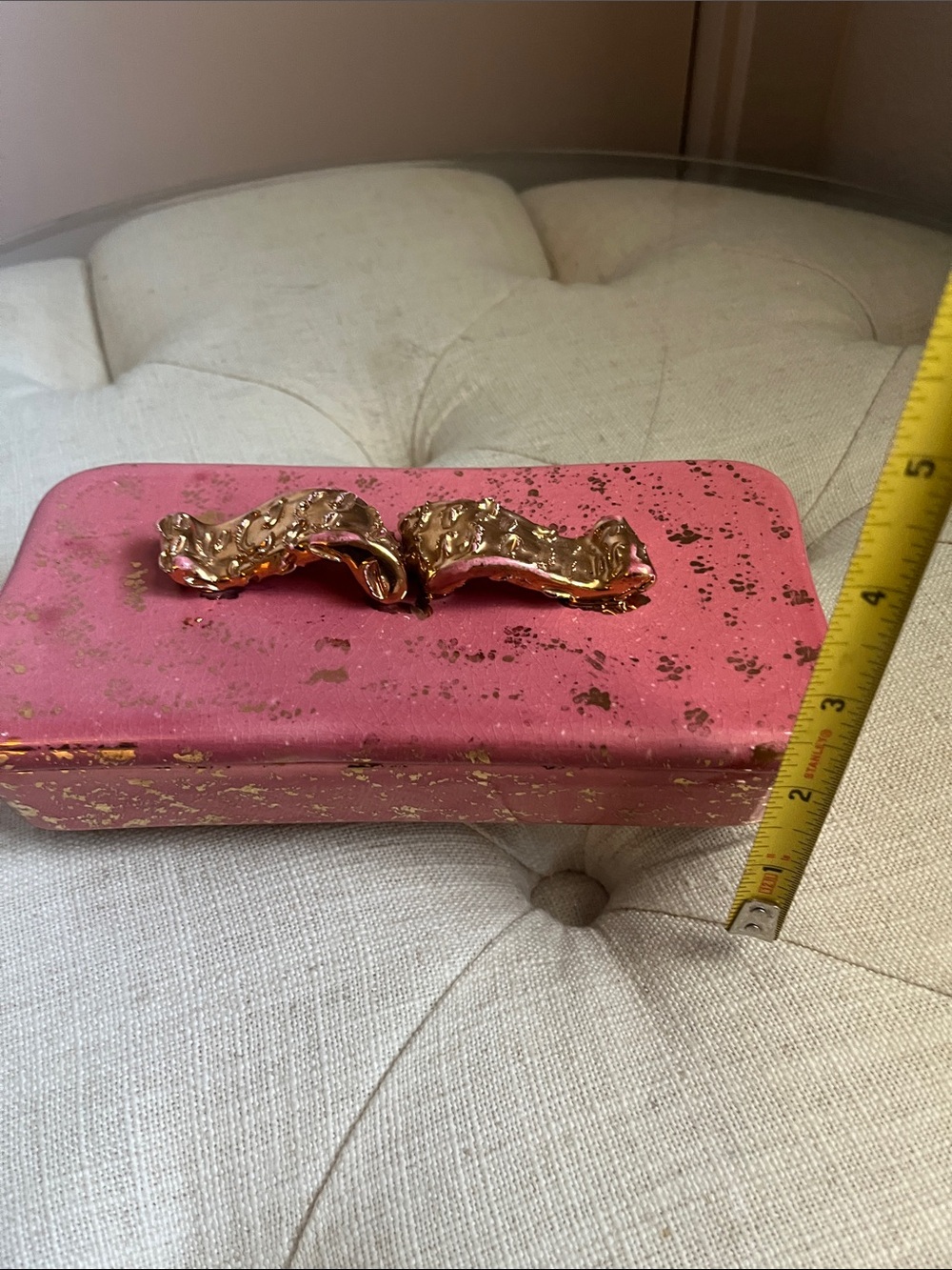 Vintage Hollywood Regency Pink Gold Metallic Handle Specs Jewelry Trinket Box - Picture 13 of 16